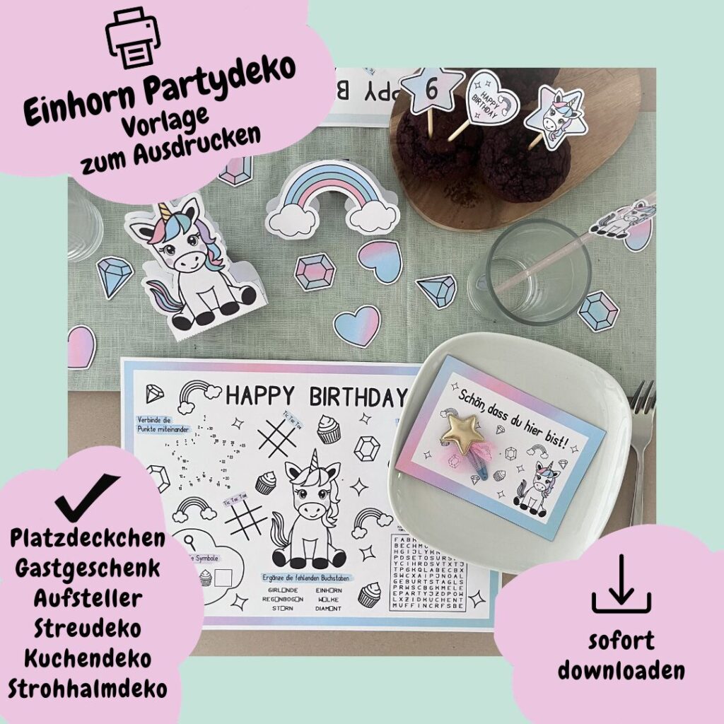 Druckvorlage für eine Einhorn Tischdeko zum Kindergeburtstag. Die Tischdeko enthält Platzdeckchen zum Malen und Rätseln, Streudeko, Strohhalmdeko, Einhorn Aufsteller und Kuchendeko.