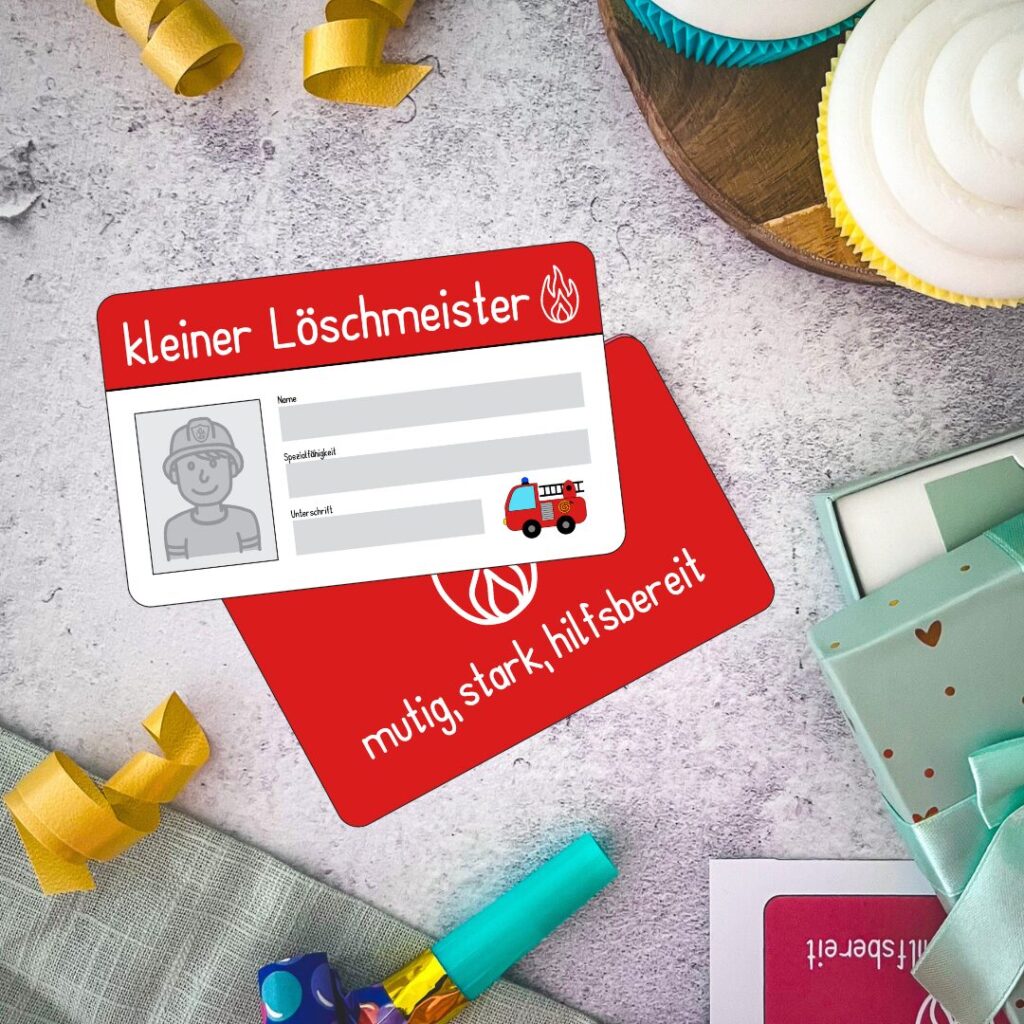 Druckvorlage für einen Feuerwehr Ausweis als Mitgebsel zum Kindergeburtstag.