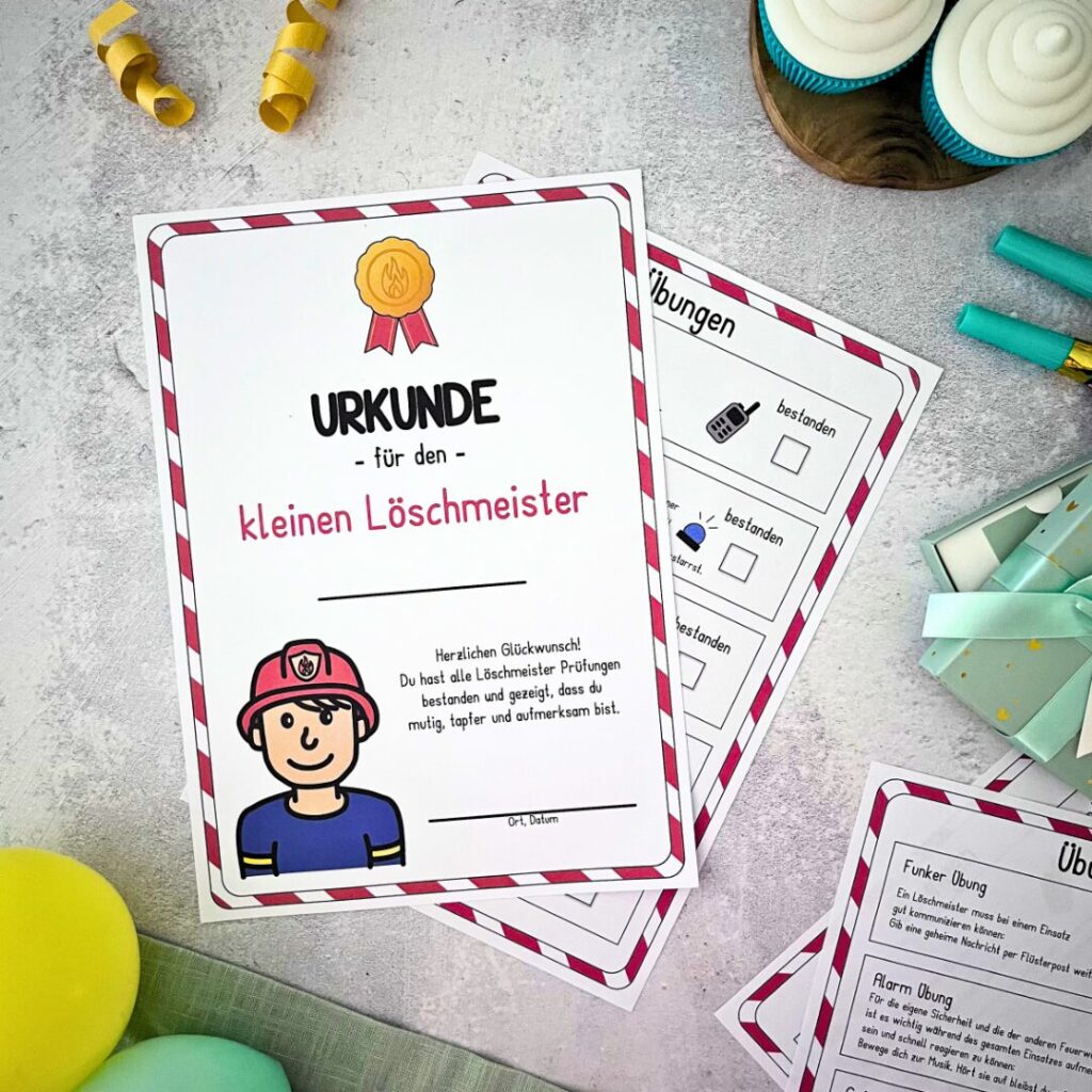 Feuerwehr Urkunde und passende Spielideen für den Kindergeburtstag.